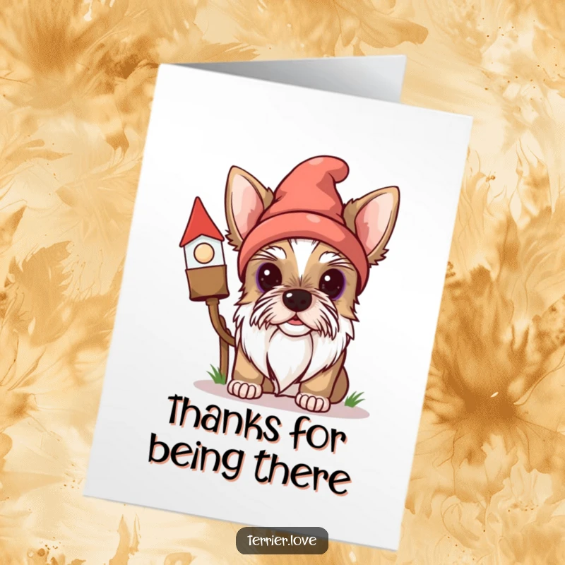 Funny Free Printable Thank You Card featuring a curious Terrier dog hiding behind a garden gnome, sending thanks.