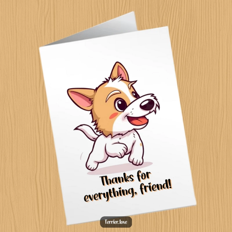 Funny Free Printable Thank You Card: A terrier in a playful bark motion, ready to chase, expressing thanks with energetic enthusiasm.