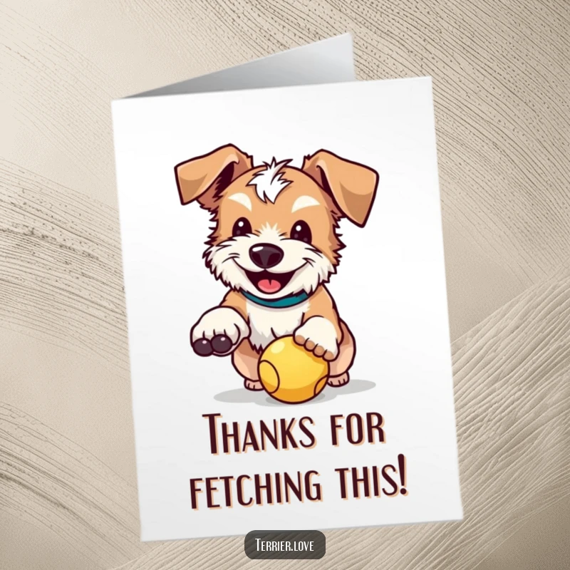 Funny Free Printable Thank You Card: Happy Terrier with Floppy Ears Holding a Ball in Mouth.