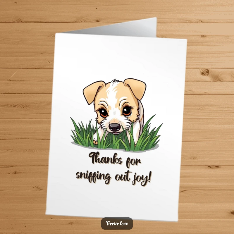 Funny Free Printable Thank You Card: A terrier with a curious gaze sniffing grass, expressing gratitude with gentle interest.