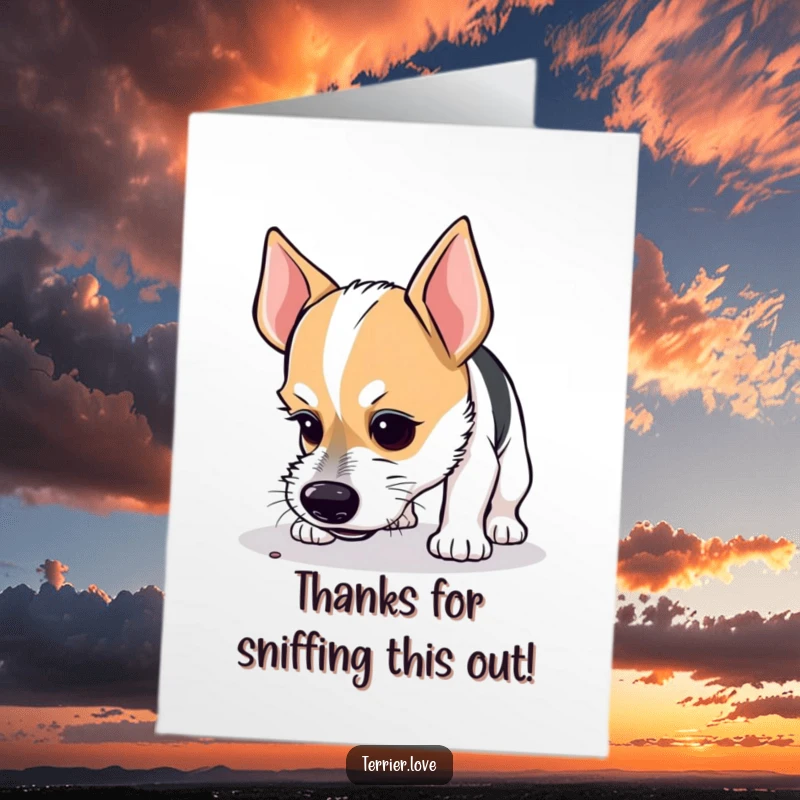 Funny Free Printable Thank You Card: Curious terrier with a focused look, sniffing the ground intensely.