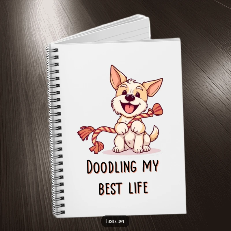 Funny terrier notebook featuring a cheerful dog wagging its tail and holding a rope toy, perfect for notes and humorous inspiration.