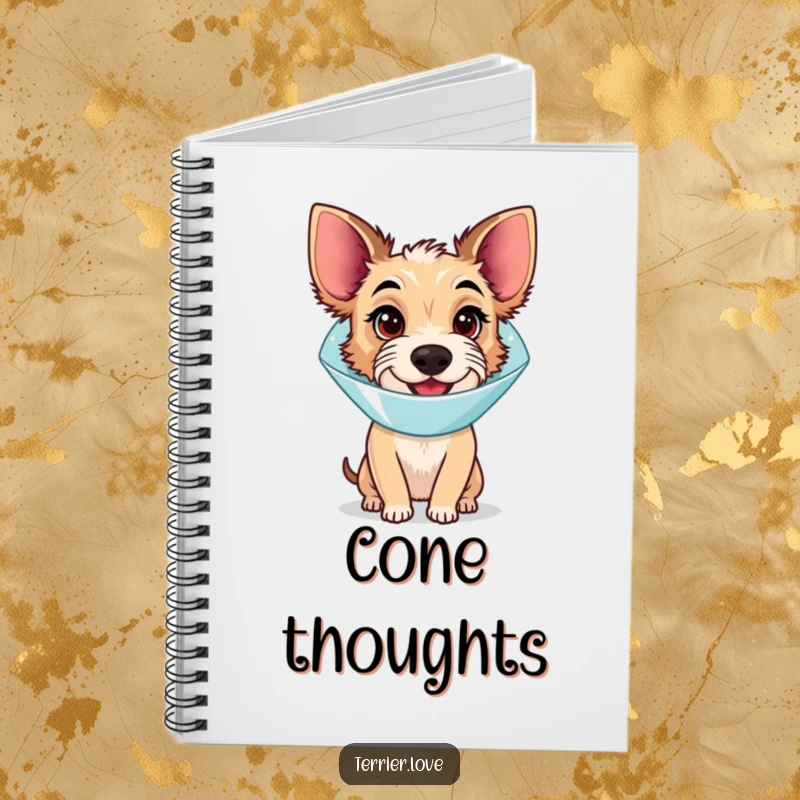 Funny Notebook: A terrier dog wearing a medical cone, looking slightly bewildered but happy, perfect for jotting down ideas.