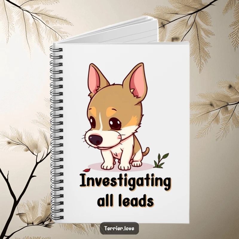 Funny curious terrier notebook showing a dog with perked ears sniffing the ground, ideal for jotting down curious thoughts.