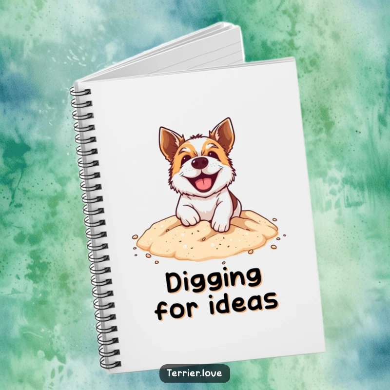 Funny Notebook: A grinning terrier dog energetically digging in a miniature sandpit, inspiring fun and creativity.