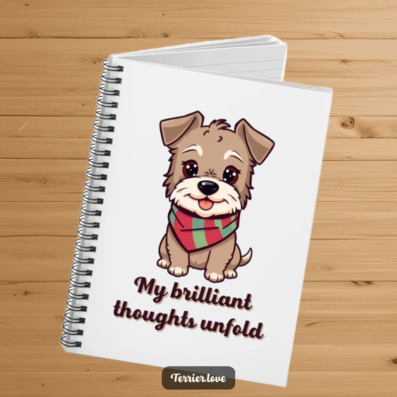 Funny terrier notebook with a happy, alert dog wearing a scarf, perfect for capturing ideas cheerfully.