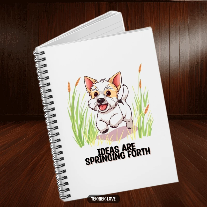 Funny happy terrier notebook showing a dog bounding through grass with a wagging tail, perfect for jotting down cheerful notes.