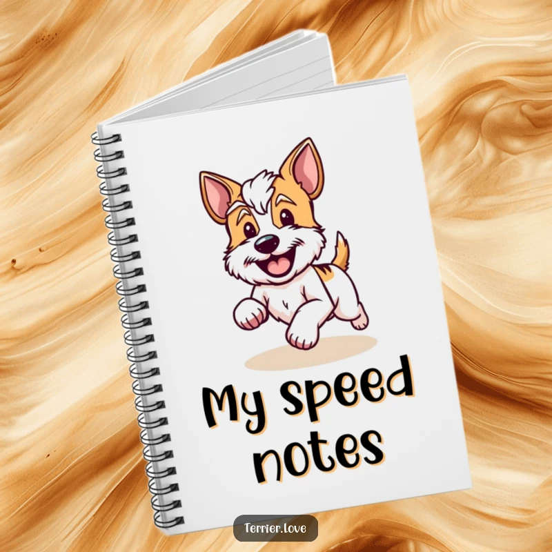 Funny Notebook cover featuring a terrier running with a happy wagging tail, embodying energy and joy.