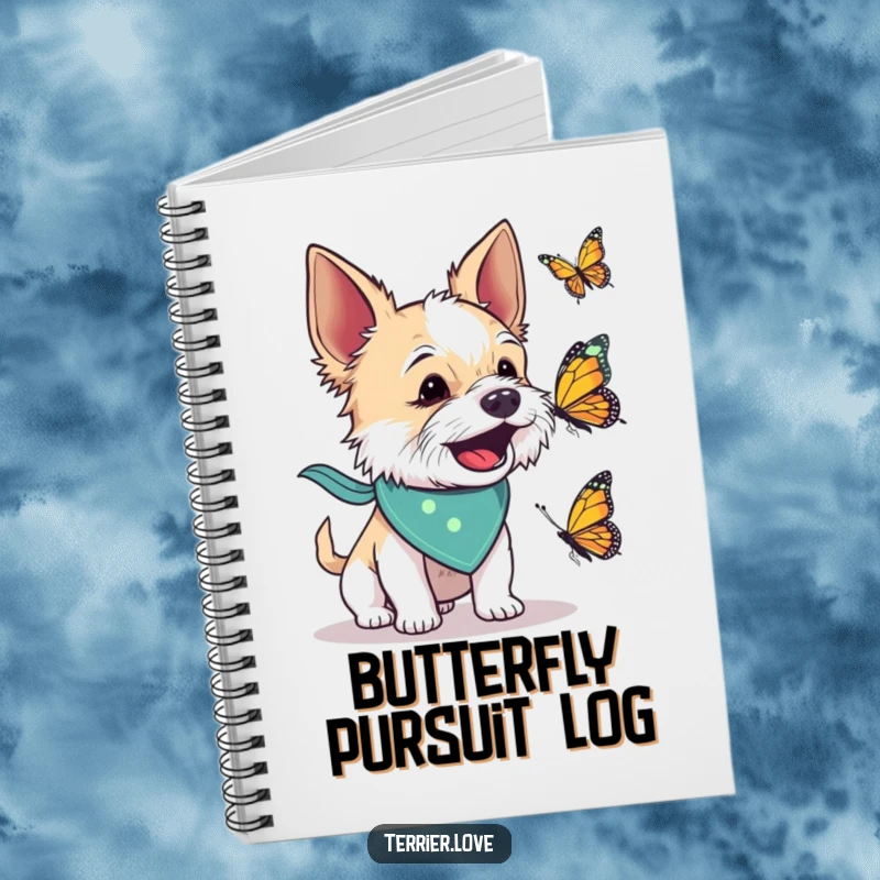 Funny notebook featuring a terrier dog in a bandana energetically barking at a butterfly, ideal for journaling with a playful spirit.