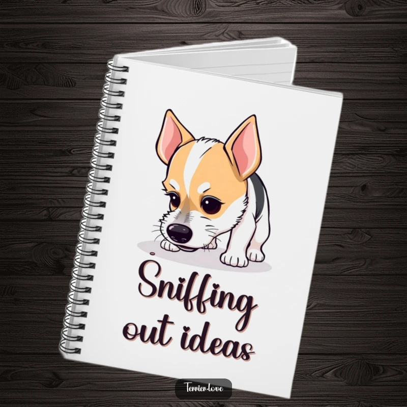 Funny notebook cover with a curious terrier intensely sniffing the ground, its focused gaze perfect for jotting down notes.