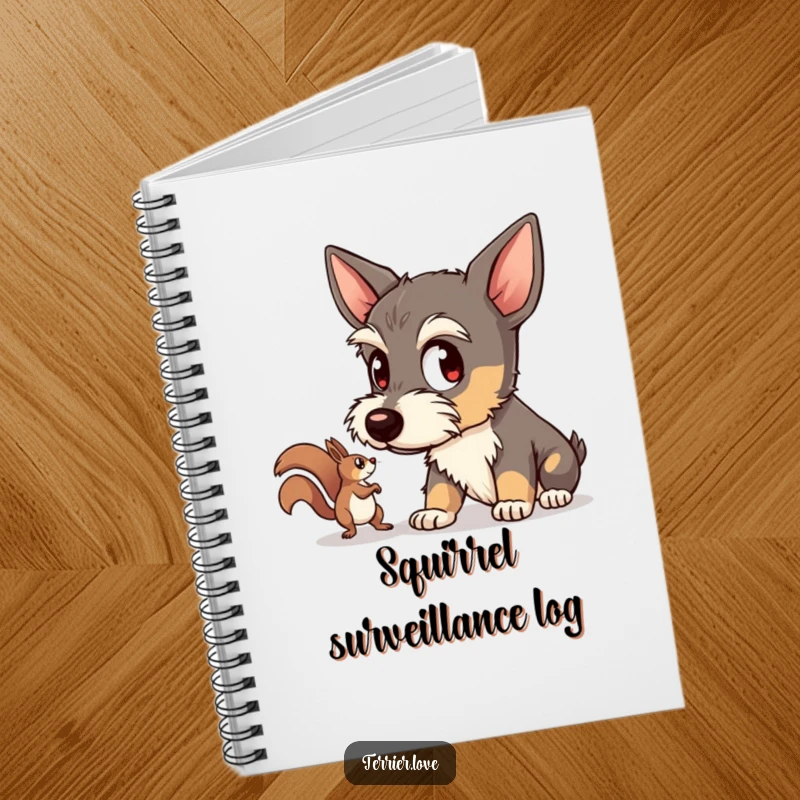 Funny terrier notebook featuring a dog with wide eyes intently watching a scurrying squirrel, perfect for journaling and note-taking with a focused vibe.