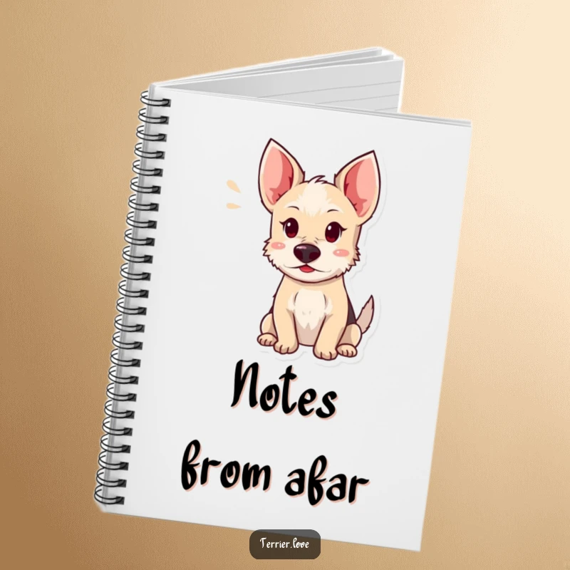 Funny terrier notebook cover featuring a dog with ears perked, listening intently, designed for jotting down notes and observations.