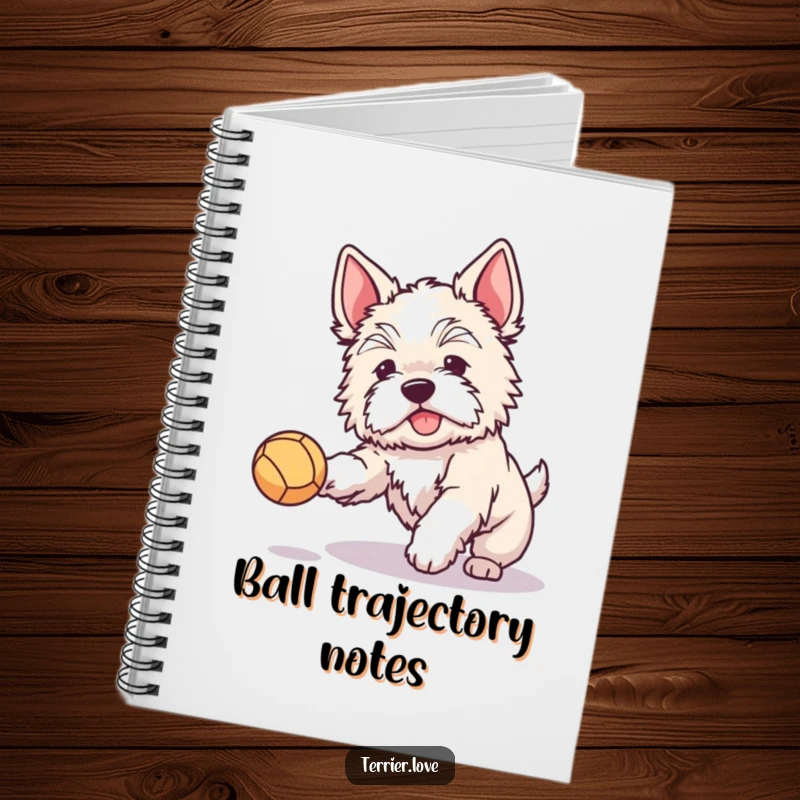 Funny notebook featuring a fluffy terrier with perked ears joyfully catching a ball, ideal for journaling with a playful spirit.