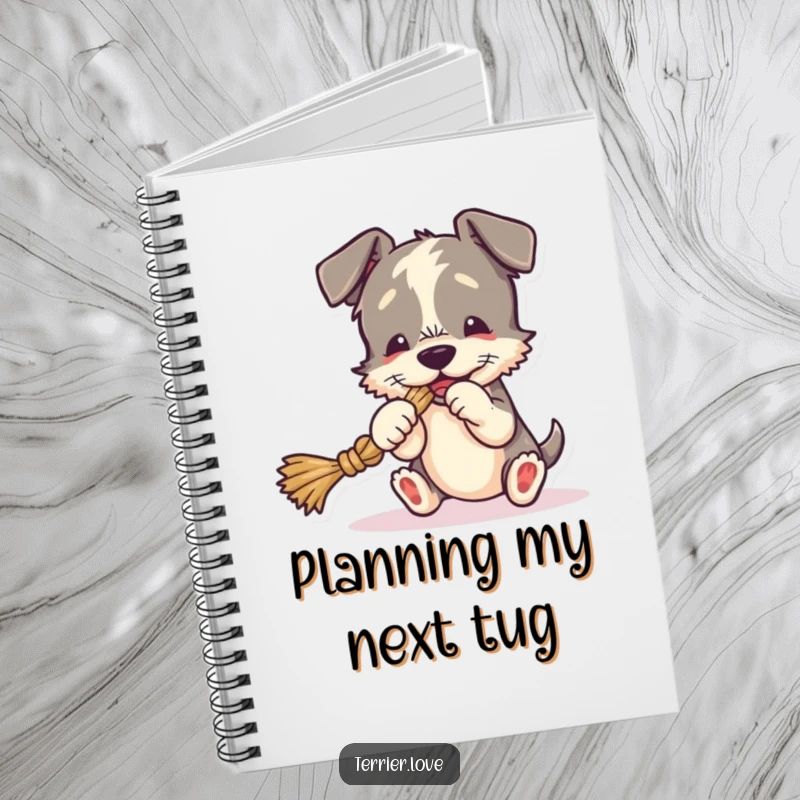 Funny Notebook with a terrier playing tug-of-war with a rope toy, perfect for journaling and note-taking.