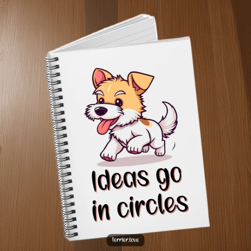 Funny notebook cover illustrating a happy terrier dog spinning in circles while chasing its tail, ideal for capturing inspired thoughts.