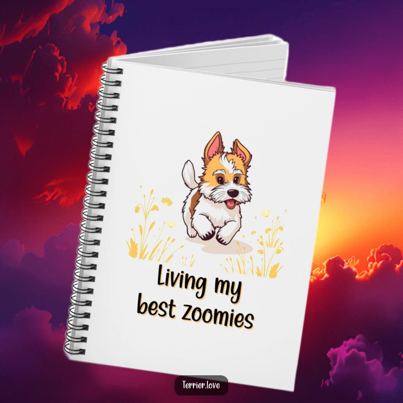 Funny terrier with a wagging tail running through a field, a humorous notebook for jotting ideas.
