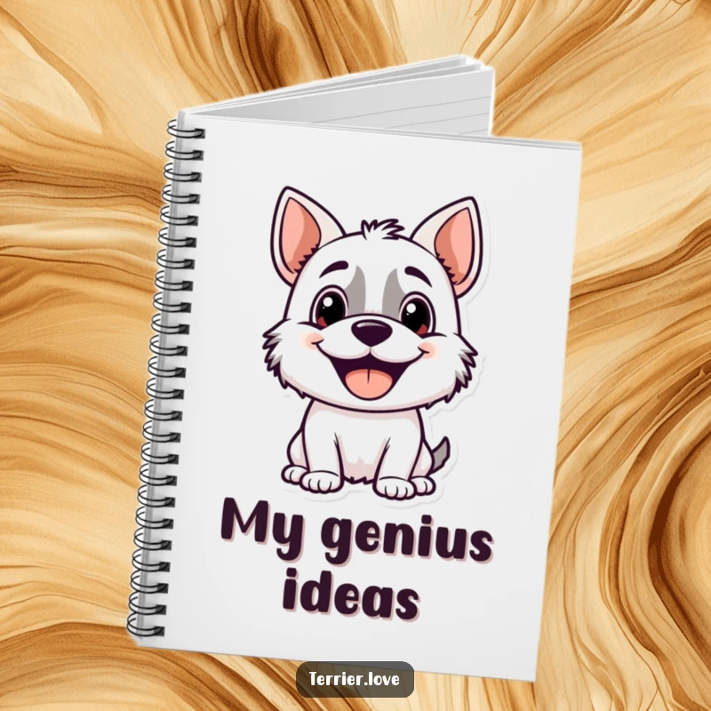Funny terrier notebook with a happy, panting dog character cover, ideal for journaling, notes, and expressing oneself with a touch of humor.