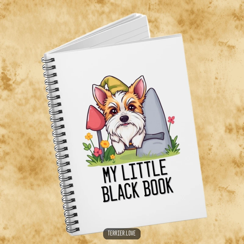 Funny mischievous terrier notebook, dog peeking from behind gnome, comical canine cover art, ideal for notes and mischief.