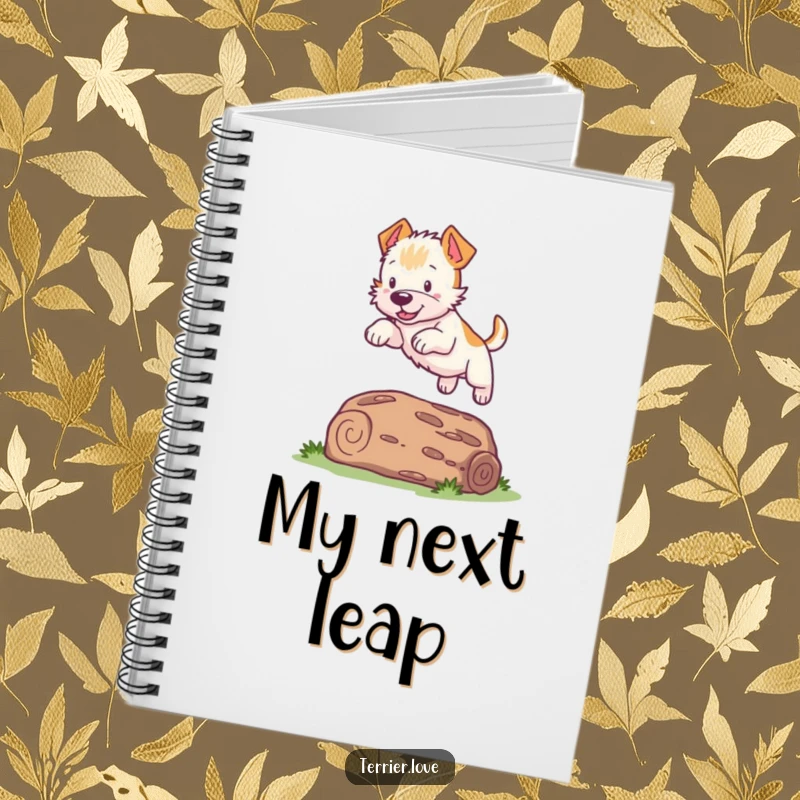 Funny Terrier Notebook: A playful dog leaps over a log, making note-taking an energetic and humorous experience.