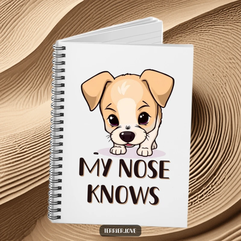 Funny terrier notebook featuring a curious small dog with floppy ears sniffing the ground, perfect for journaling or sketching.