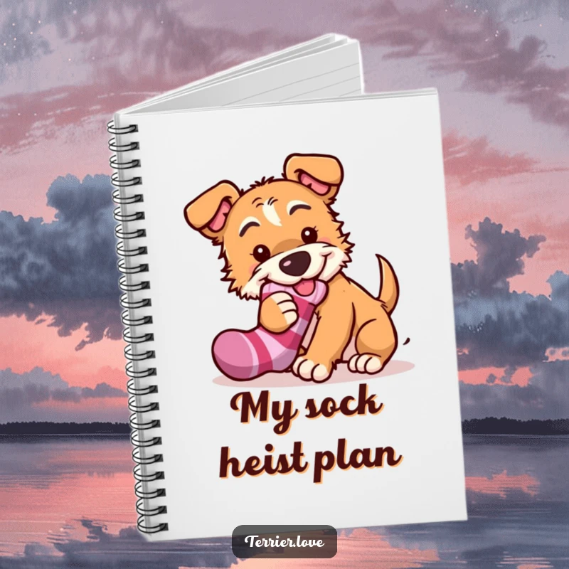 Funny terrier notebook featuring a mischievous dog trying to steal a sock, perfect for journaling and note-taking with a playful, humorous vibe.