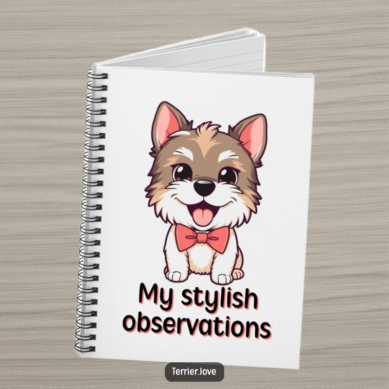 Funny notebook cover with a playful Terrier dog wearing a smart bow tie and panting happily, inspiring stylish notes.
