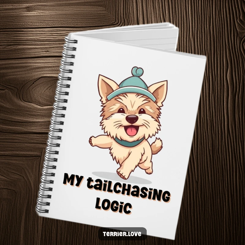 Funny Terrier notebook cover featuring a silly dog in a hat, enthusiastically chasing its tail, symbolizing playful energy and creative pursuit.