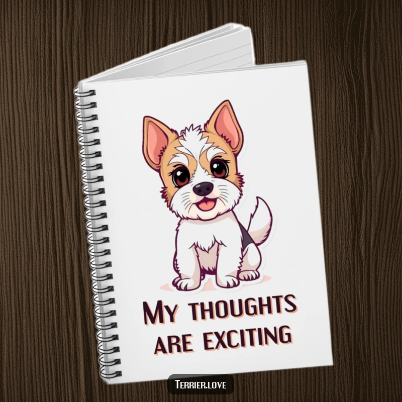 Funny notebook cover with an alert terrier dog excitedly wagging its tail, ready to capture notes and ideas. A fun gift.
