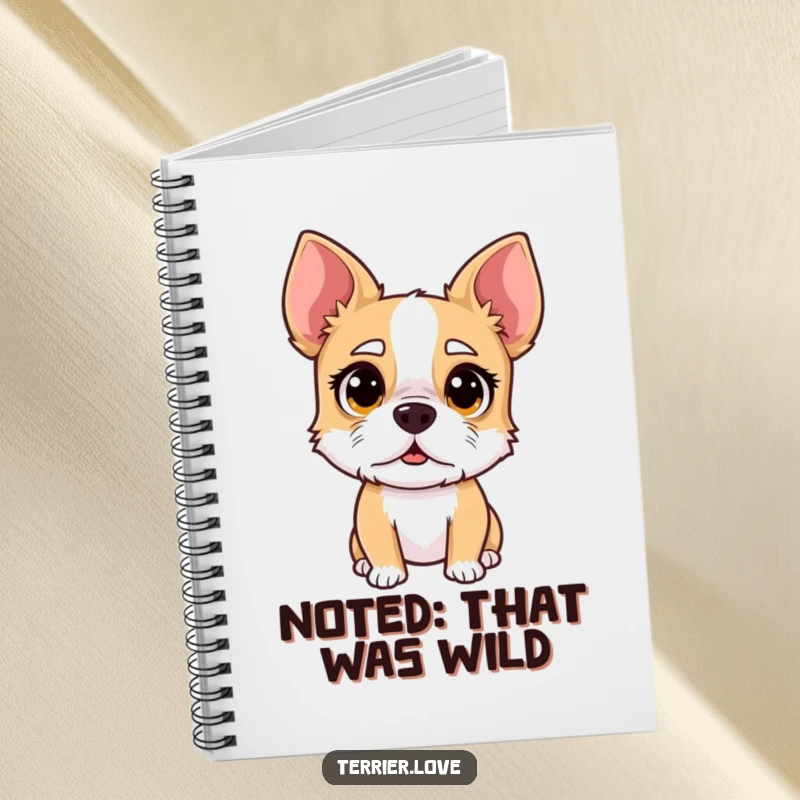 Funny surprised terrier notebook, dog with shocked expression, comical canine cover art, ideal for notes and reactions.