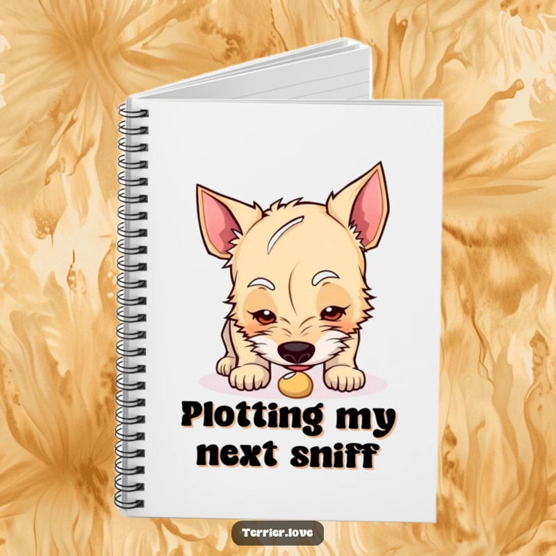 Funny terrier notebook showing a curious dog sniffing a small, intriguing object, ideal for recording findings.
