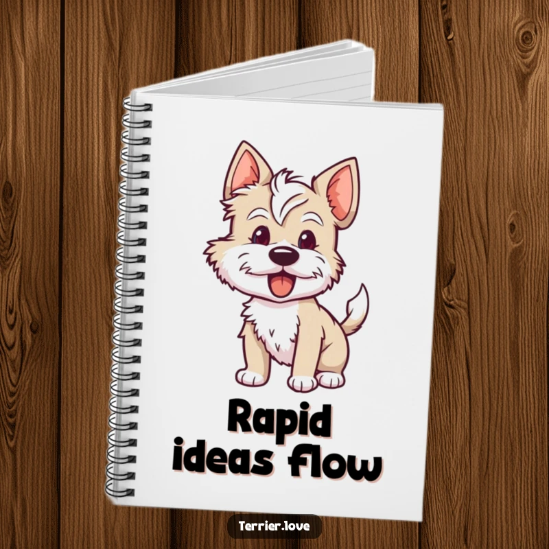 Funny terrier notebook cover featuring a dog with its tail wagging rapidly, designed for jotting down enthusiastic ideas and plans.