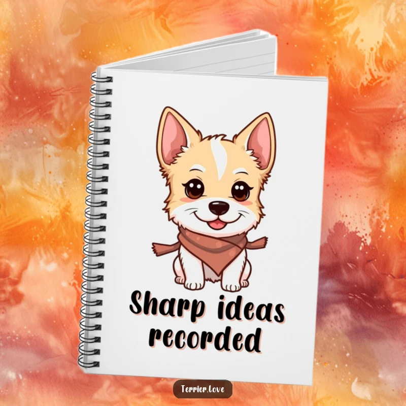 Funny notebook cover featuring a smiling terrier wearing a small scarf, its alert gaze ideal for note-taking.
