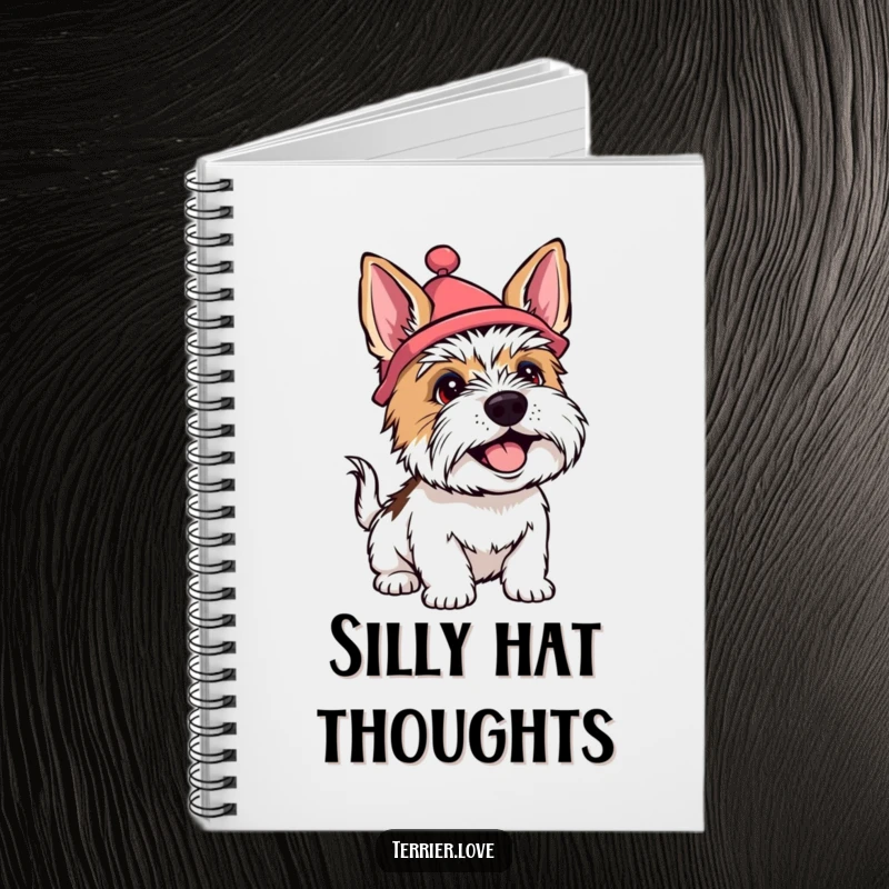 Funny terrier notebook with a dog wearing a silly hat and wagging its tail happily, ideal for capturing joyful ideas.