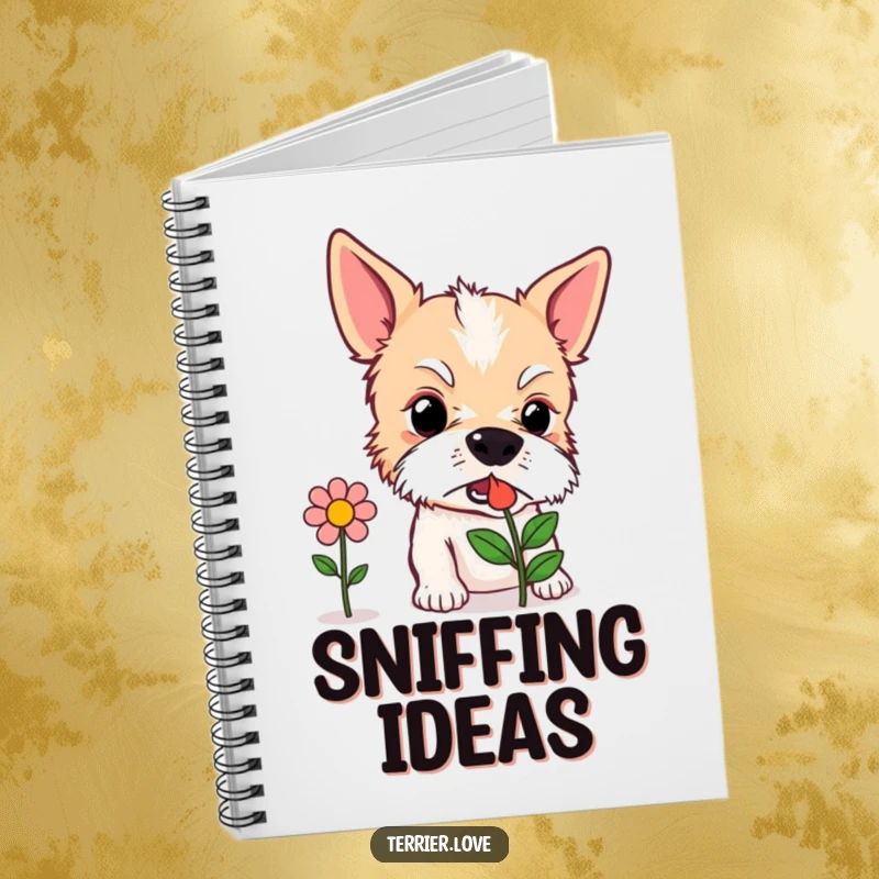 Funny Notebook: A curious terrier dog intently sniffing a stylized flower icon, perfect for journaling explorations.