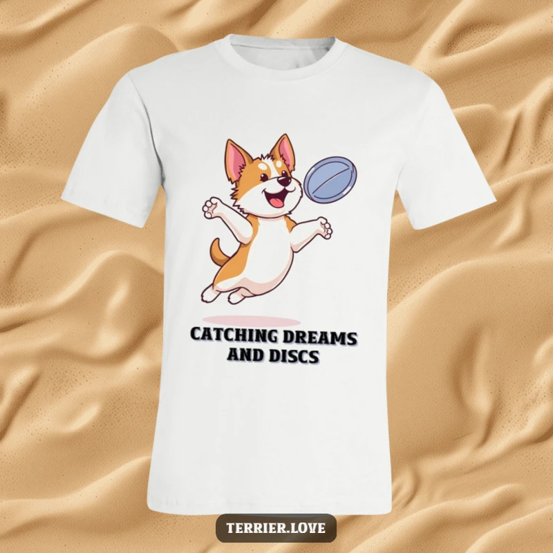 Funny terrier t-shirt depicting a bouncy dog mid-leap, skillfully catching a flying disc in the air.