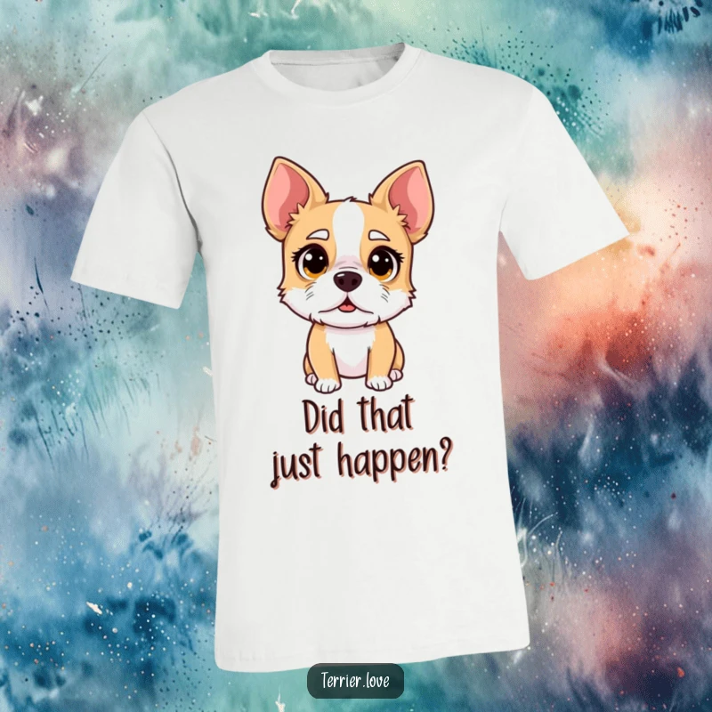 Funny surprised terrier t-shirt, dog with big eyes and arched brow, hilarious shocked canine graphic, great gift idea.