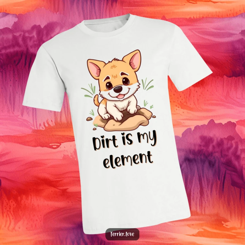 Funny terrier t-shirt depicting a playful dog with a determined expression, digging a hole with humorous focus.