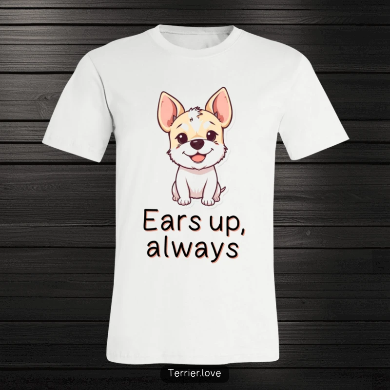 Funny T-Shirt featuring a smiling terrier with floppy ears perked high, capturing an expression of pure delight and eager anticipation.