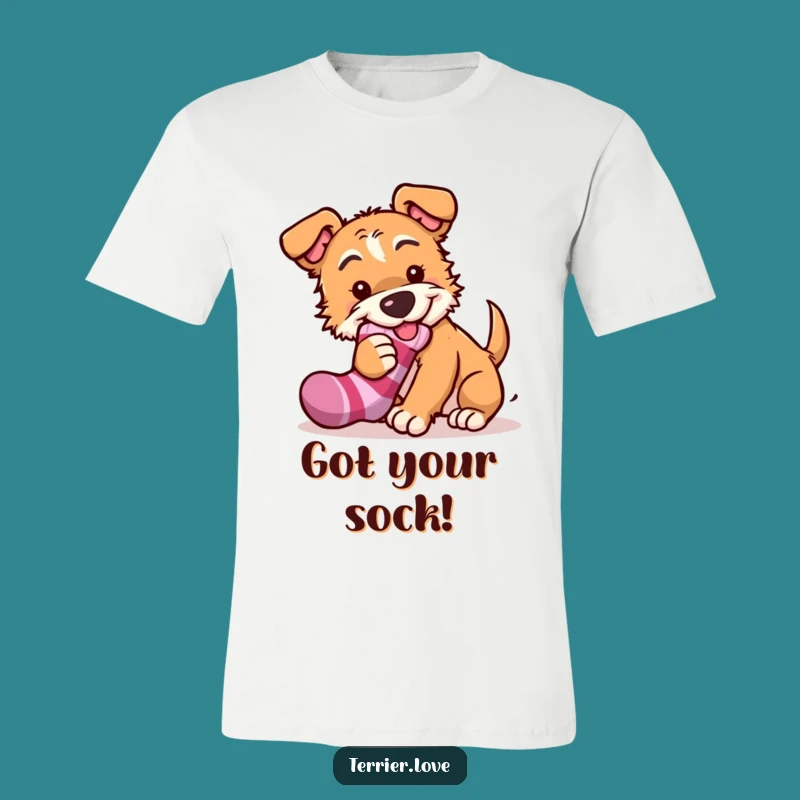 Funny Playful Terrier T-Shirt - Mischievous Sock Thief Dog Tee