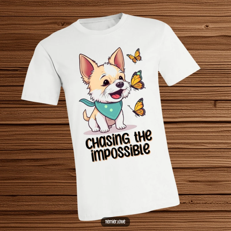 Funny t-shirt featuring a terrier dog wearing a bandana, energetically barking at a butterfly, full of playful chase.