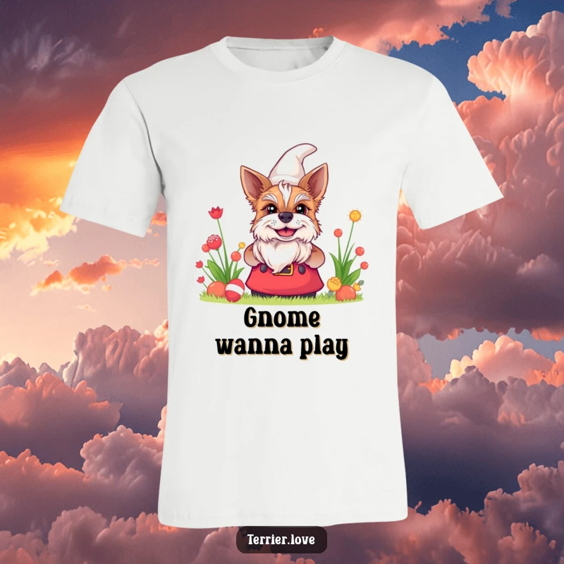 Funny terrier t-shirt showing a dog with a mischievous grin peeking out from behind a garden gnome, full of playful spirit.