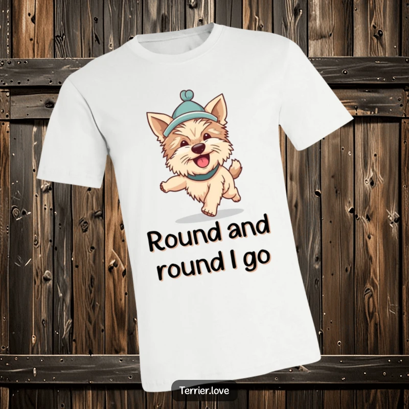 Funny Terrier t-shirt graphic of a dog wearing a cute hat, enthusiastically chasing its tail in a dizzying, comical pursuit.