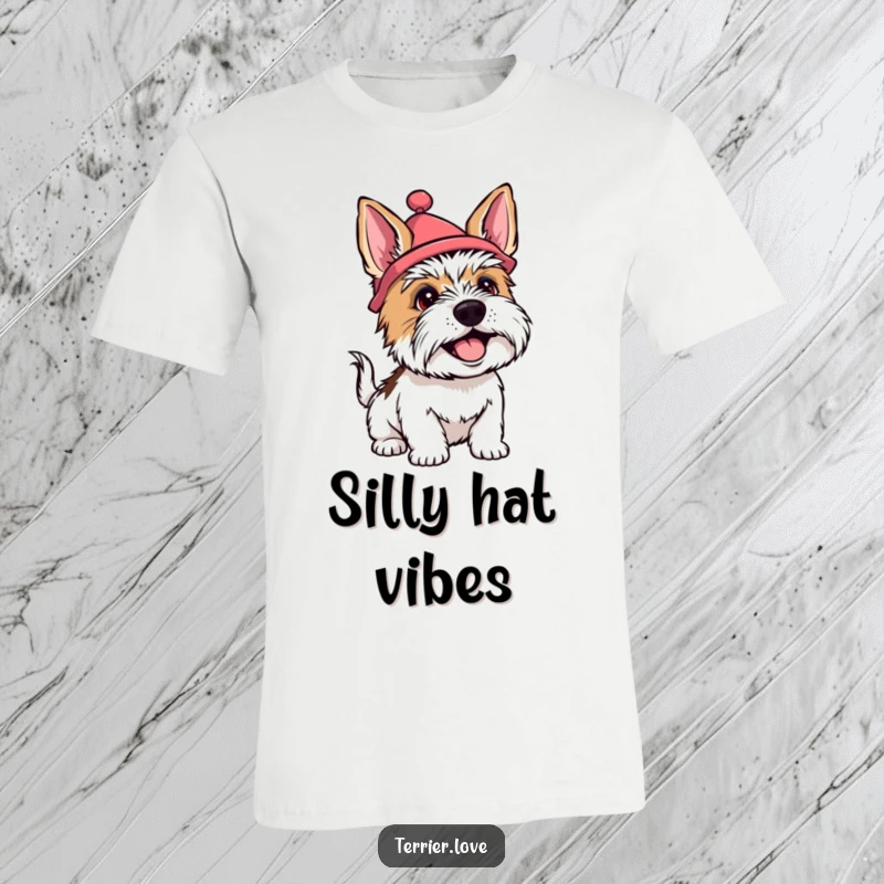 Funny terrier t-shirt depicting a dog happily wearing a silly hat and wagging its tail with infectious enthusiasm.
