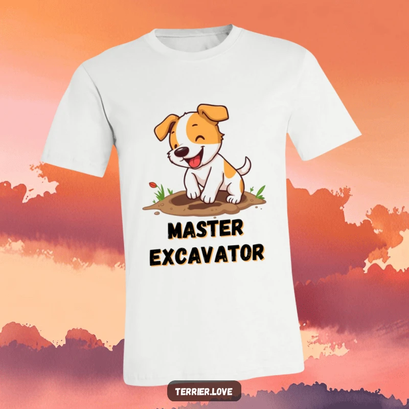 Funny terrier t-shirt featuring an energetic small dog digging a hole with great enthusiasm, perfect for active lifestyles.