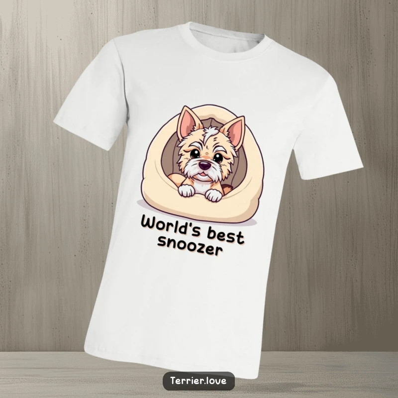 Funny terrier t-shirt showcasing a dog peeking its head out from a soft dog bed, embodying comfort and a hint of playful mischief.