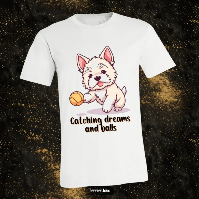 Funny t-shirt showcasing a fluffy terrier with alert, perked ears joyfully catching a small ball, full of playful enthusiasm.