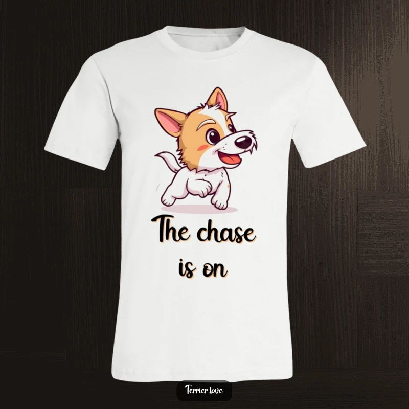 Funny terrier t-shirt showing a dog mid-bark, captured in a dynamic pose, conveying excitement and readiness to chase.