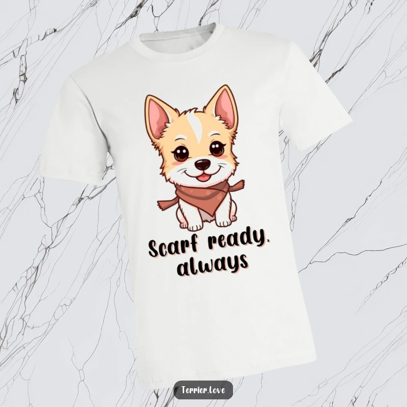 Funny t-shirt depicting a smiling terrier wearing a small scarf, with alert eyes scanning its surroundings confidently.