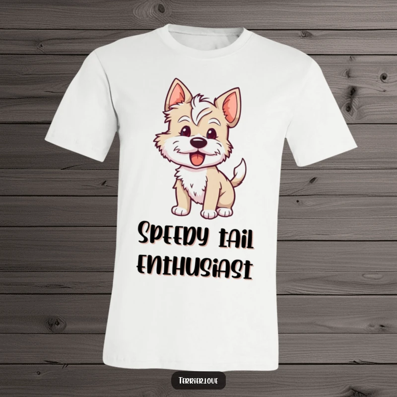 Funny terrier t-shirt showcasing a dog with its tail a blur of motion, eyes wide with eagerness, embodying happy anticipation.