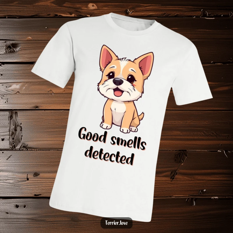Funny T-Shirt featuring a terrier excitedly sniffing the air with its nose up, a humorous tribute to curiosity.
